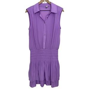 Ramy Brook Satin Smocked Tiered Mini Dress Shirtdress Passion Purple Size Large